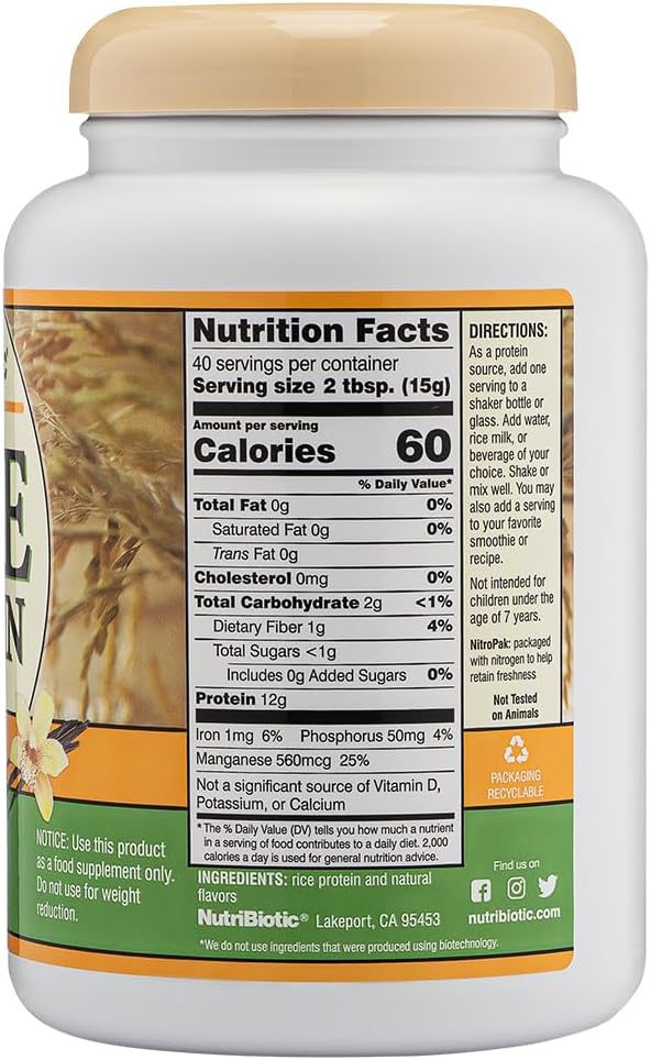 NutriBiotic – Vanilla Rice Protein, 1 Lb 5 Oz (600g) | Low Carb, Keto-Friendly, Vegan, Raw Protein Powder | Grown & Processed Without Chemicals, GMOs or Gluten | Easy to Digest & Nutrient-Rich