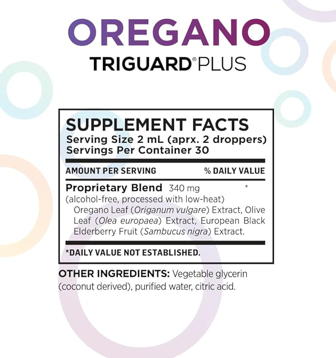 Triguard Plus Oil Of Oregano Leaf Extract, Olive Leaf Extract, Elderberry Extract Liquid Tincture Supplement 2 fl oz | Gut Health, Immune Support & Energy | Alcohol-Free | Organically Grown