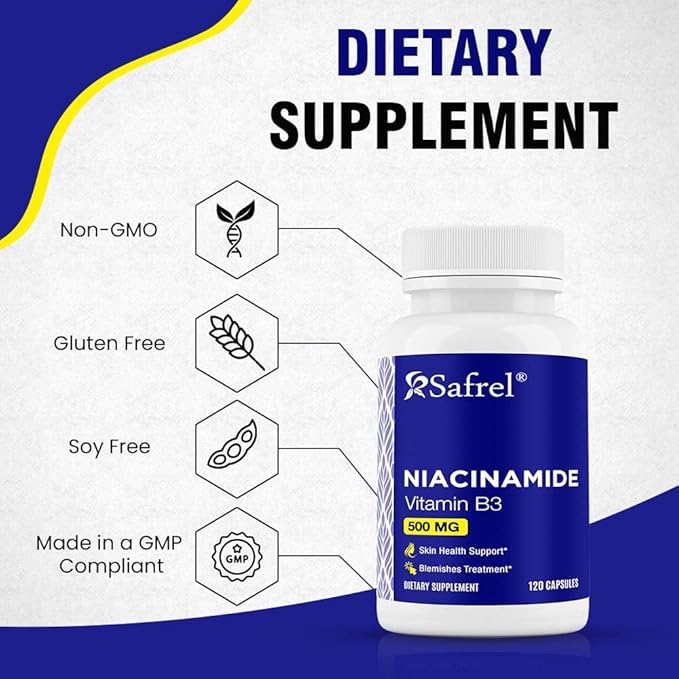 Safrel Niacinamide 500mg (Vitamin B3) - 120 Capsules - Skin Health & Blemish Support - Non-GMO, Gluten-Free - Flush-Free Formula - for Men and Women’s Health