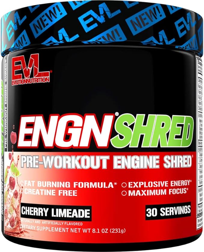 EVL Ultimate Pre Workout Powder - Thermogenic Fat Burner Preworkout Powder Drink for Lasting Energy Focus and Stamina - ENGN Shred Intense Fat Burning Creatine Free Preworkout Drink - Cherry Limeade