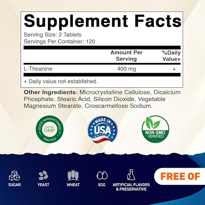 Vitamatic L-Theanine Supplement 400mg per Serving - 240 Tablets - Non-GMO, Gluten Free