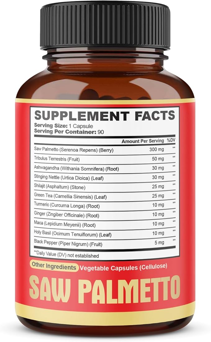 Premium Saw Palmetto Capsules - Combined with Ashwagandha, Turmeric, Tribulus, Maca, Green Tea, Ginger, Holy Basil & More - Natural Prostate Support - 90 Capsules 3-Month Supply