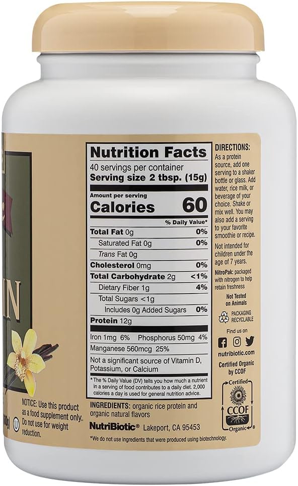 NutriBiotic Certified Organic Rice Protein Vanilla, 1 Lb. 5 Oz | Low Carbohydrate Vegan Protein Powder | Raw, Certified Kosher & Keto Friendly | Made Without Chemicals, GMOs & Gluten | Easy to Digest