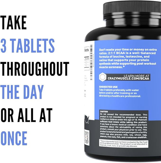 Crazy Muscle 3000mg BCAA Pills (2 Month Supply) with The Optimum 2:1:1 Ratio of Branched Chain Amino Acids for Recovery and Growth - 1000mg BCAAs per Pill (More Than BCAA Capsules) - 240 Tablets
