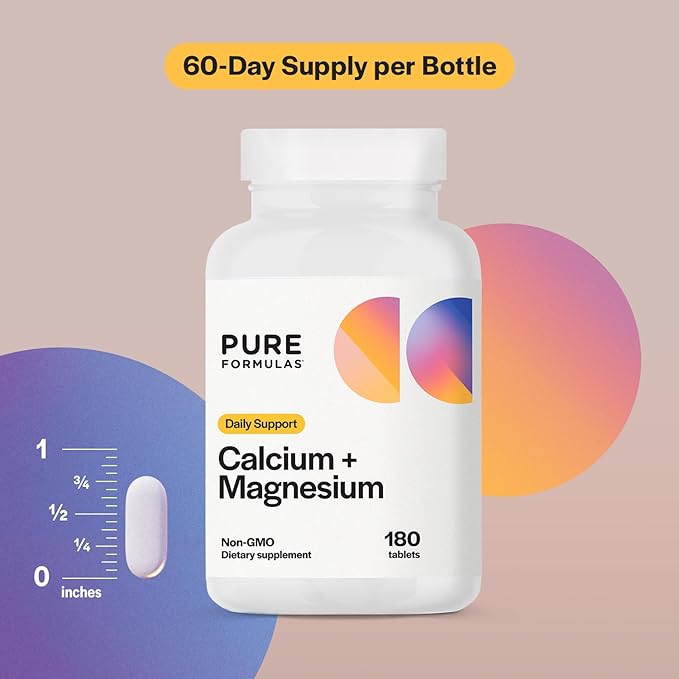 PureFormulas Calcium + Magnesium - Gluten Free Supplement Supports Bone Health & Overall Wellness with Magnesium Calcium Vitamin C Vitamin D & Boron, Allergen Friendly Non-GMO 180 Tablets