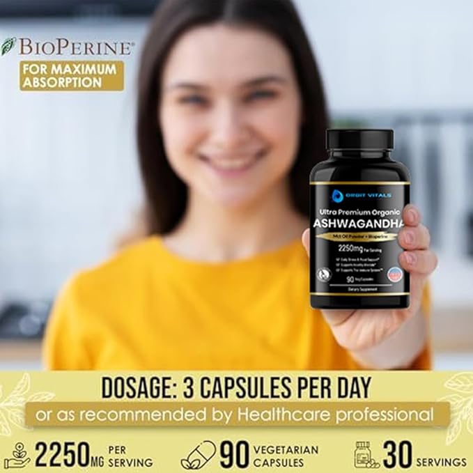 Organic Ashwagandha, 2250 mg - Premium Ashwagandha Root Extract with MCT Oil Powder & Black Pepper for Superior Absorption - Improves Focus, Mood Support, Increase Energy, Strength - 90 Capsules