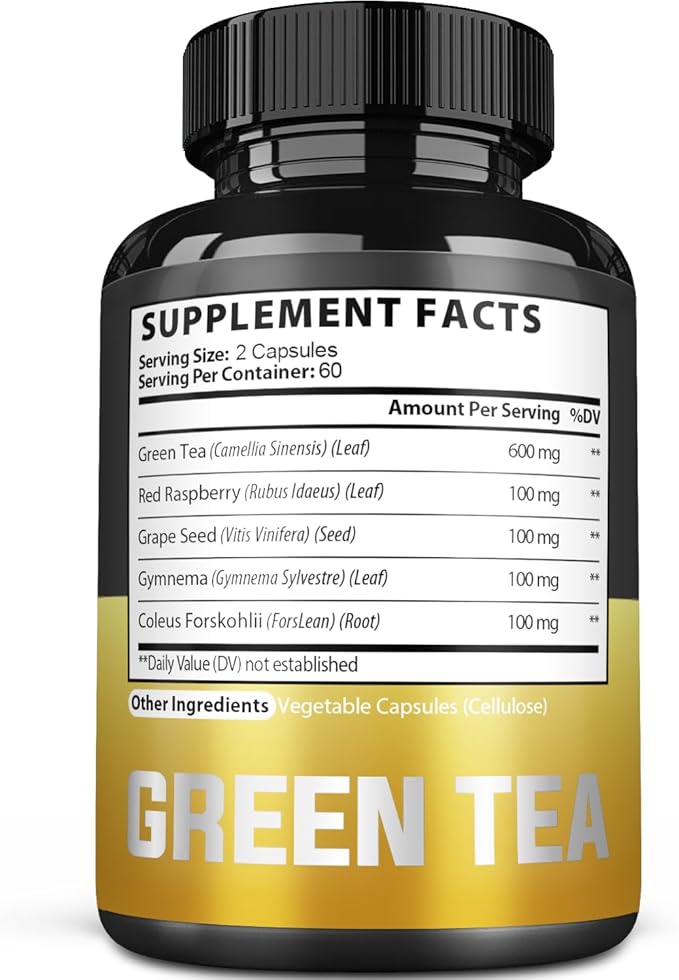 5in1 Organic Green Tea Extract with EGCG- 14200mg per Serving - Blended Raspberry, Grape Seed, Gymnema & Coleus Forskohlii - Support Heart, Body Balance & Immune for 2 Months