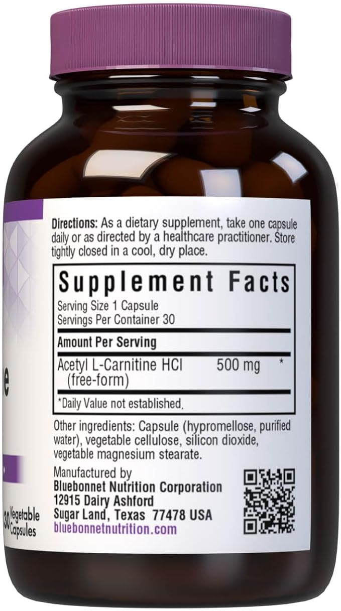 Bluebonnet Nutrition Acetyl L-Carnitine, Transports Fatty Acids, Boosts Cellular Energy, Soy & Gluten-Free, Kosher Certified, Vegan, 30 Vegetable Capsules, White, 500mg