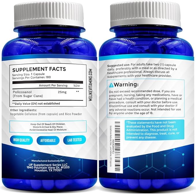 We Like Vitamins Policosanol 25mg - 180 Capsules - Policosanol Supplement Made from Natural Sugar Cane - Non-GMO and Gluten-Free