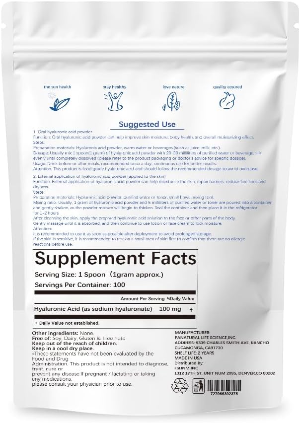 Hyaluronic Acid Powder for Skin Care,Low Molecular Weight, Cosmetics Grade | Skin Hydration and Moisture Support Supplements,Water Soluble Moisturizing Ingredient for DIY Facial Serum 3.52 oz