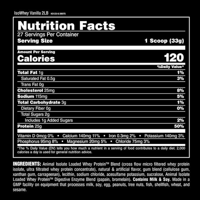 Animal Whey Isolate Protein Powder - Loaded for Pre & Post Workout Muscle Builder and Recovery with Digestive Enzymes for Men & Women - 25g Protein, Great Taste, Low Sugar - Vanilla 2 lbs
