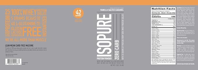 Isopure Zero Carb 100% Pure Whey Isolate Protein Powder, Lactose Free, Gluten Free, With Vitamins, Vanilla Salted Caramel, 25g Protein Per Serving, 3 Lbs, 42 Servings