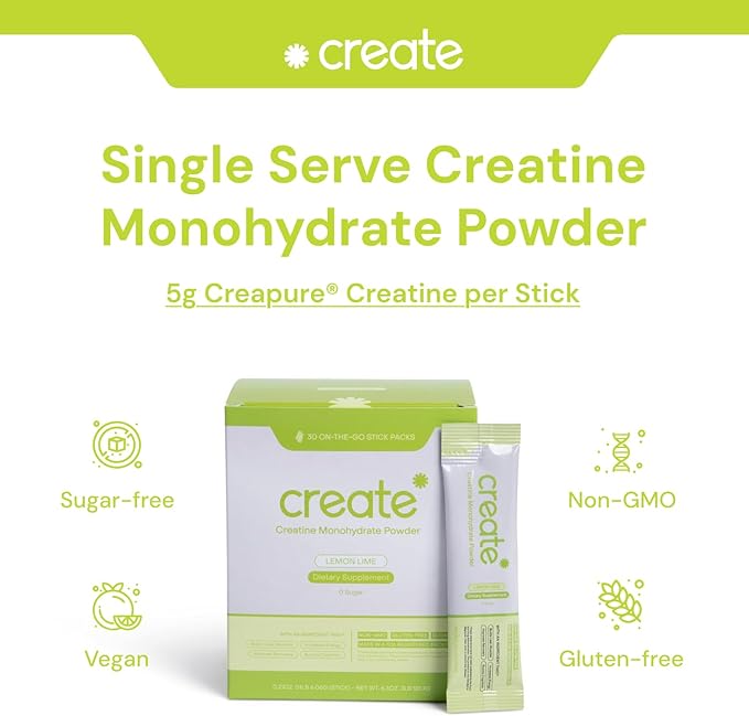 Create Single Serve Creatine Monohydrate Powder – 5g Creapure Creatine | Redefining Strength, Energy & Recovery | Sugar-Free, Vegan, Non-GMO | Lemon/Lime | 30 Packets