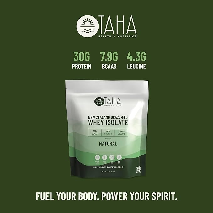 Taha Health & Nutrition Natural Unflavored Whey Protein Isolate, 30g Protein, 7.9g BCAAs, 4.3g Leucine | New Zealand Grass-Fed, Free-Range Dairy | Gluten & Soy Free, Keto, Kosher | 2LB, ~26 Servings