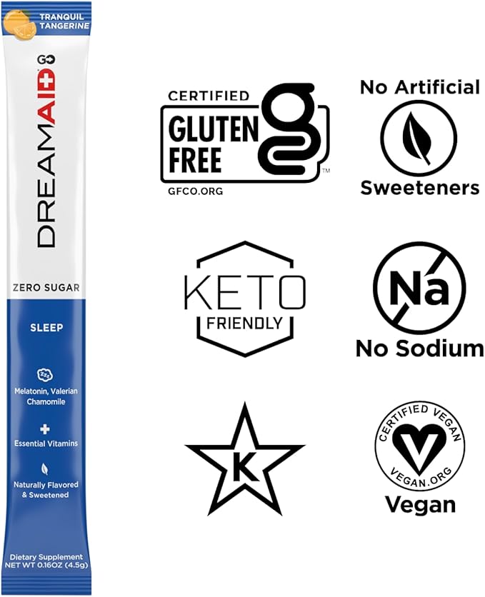 Sleep Aid Drink with Melatonin + Chamomile, DreamAid Helps Adults Fall Asleep Faster, Sleep Longer and Waking up Feeling Rejuvenated - Zero Sugar & Keto Friendly, 30 Count (Pack of 1)