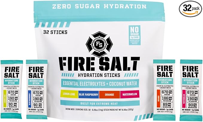 Fire Science Fire Salt Hydration Sticks, Electrolytes & Coconut Water, Hydration Drink Mix with Magnesium, Potassium & Sodium, Zero Sugar, Single Serve On The Go Packs, Variety Pack Flavors, 32 Count