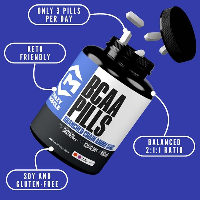 Crazy Muscle BCAA Pills with The Perfect 2:1:1 Ratio of Branched Chain Amino Acids Supplement, 1000mg of BCAAs per Pill (Better Than Capsules), 120 Tablets