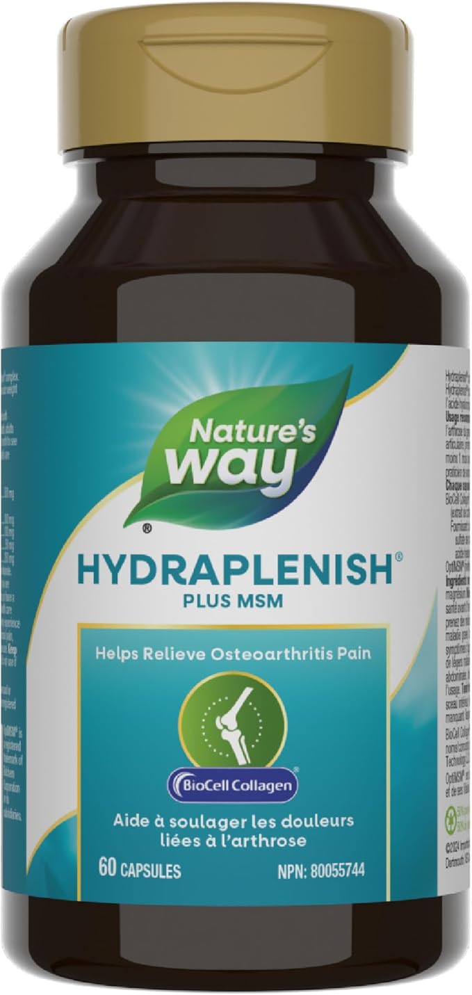 Nature’s Way Hydraplenish, with Unique BioCell Collagen, Hyaluronic Acid, OptiMSM, Supports Healthy Hair, Skin and Nails*, 60 Capsules (Packaging May Vary)