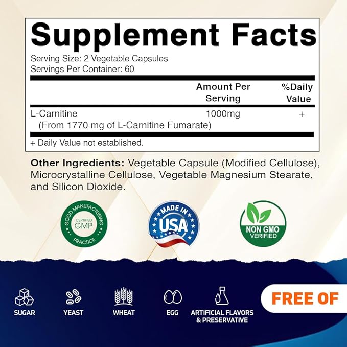 Vitamatic L-Carnitine Fumarate 1000 mg - 120 Vegetable Capsules (1 Bottle)