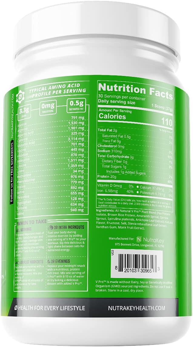 NutraKey V-Pro, Raw Plant Protein Powder, Organic, Vegan, Low Carb, Gluten Free with with 20g of Protein (Vanilla Cookie) 1.78-Pound.