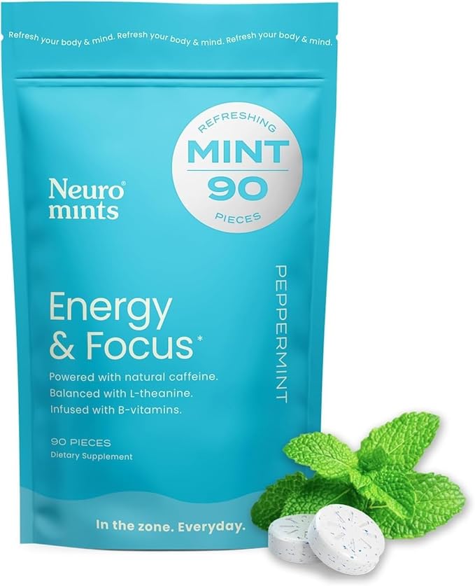 NeuroGum Energy Caffeine Mints (90 Pieces) - Sugar Free with L-theanine + Natural Caffeine + Vitamin B12 & B6 - Nootropic Energy & Focus Supplement for Women & Men - Keto & Vegan, Peppermint Flavor