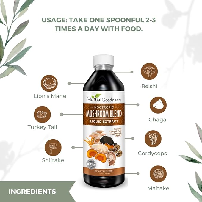 Nootropic Mushrooms, Lions Mane, Lion's Mane Mushroom Supplement, Mental Clarity and Focus Supplements, Immune Support, Mushroom Blend Extract, Lion Mane Mushroom Supplement - Herbal Goodness 12oz