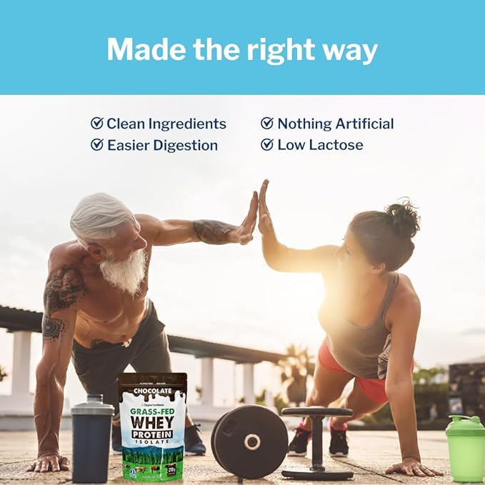 Opportuniteas Grass Fed Chocolate Whey Protein Isolate Powder - 20g Protein Powder Without Artificial Sweeteners, Hormone-Free Happy Cows, Non GMO - 1lb