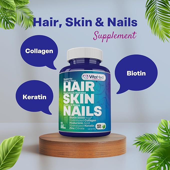 Hair, Skin, and Nails Vitamins – Complete Formula with Biotin 5000mcg, Collagen, Zinc, Keratin, and Hyaluronic Acid for Hair Growth, Strong Nails, and Glowing Skin – 60 Tablets
