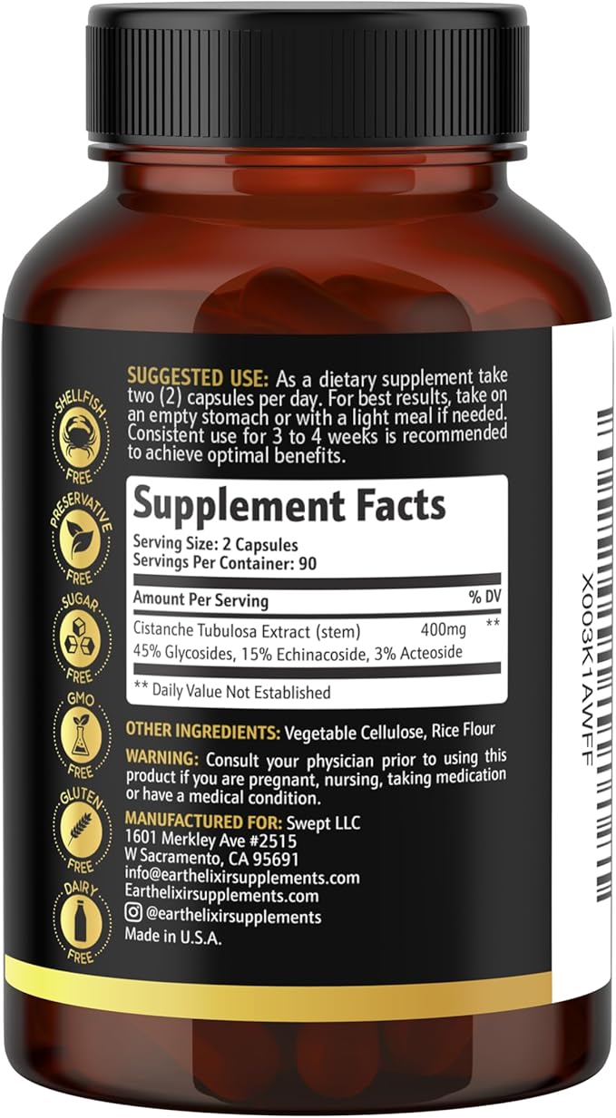 Cistanche Tubulosa 400 mg (180 Capsules) 3 Months Supply – Made in USA - 3rd Party Tested - Cistanche Supplement - Zero Fillers - Max Purity - Nootropics - 100% Pure Cistanche Herb