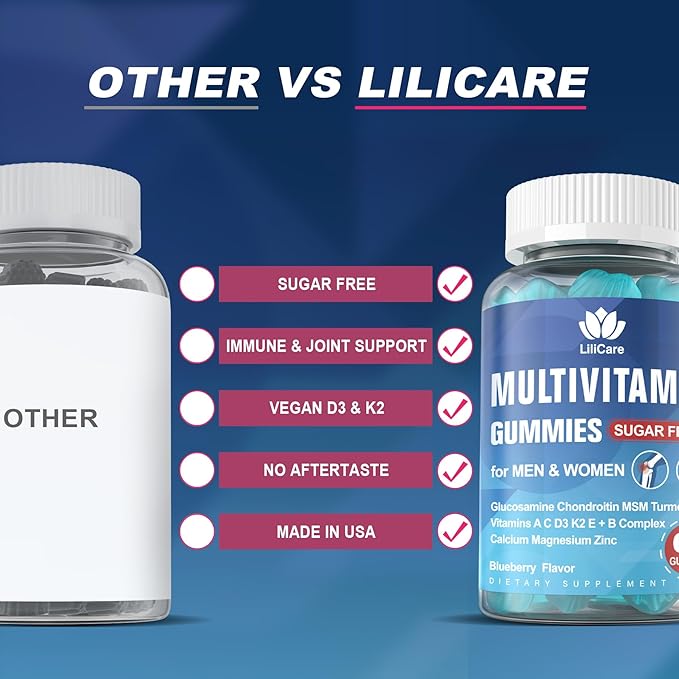 Men's & Women's Sugar Free Methylated Multivitamin 50 Plus with Glucosamine Chondroitin MSM, Iron Free Gummies for Senior with Multi Vitamin D3 K2 & A C E, B Complex - 60 Count (Pack of 1)