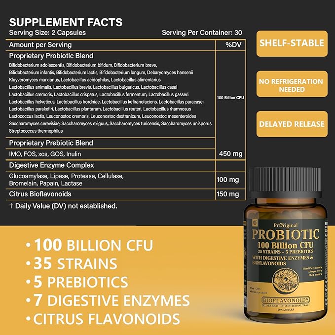 Organic Probiotics for Women & Men, 100 Billion CFU Probiotic for Digestive, Gut & Immune Health - with Prebiotics, Bioflavonoids & Digestive Enzyme, 35 Strains Raw Probiotic Supplement, 180 Caps