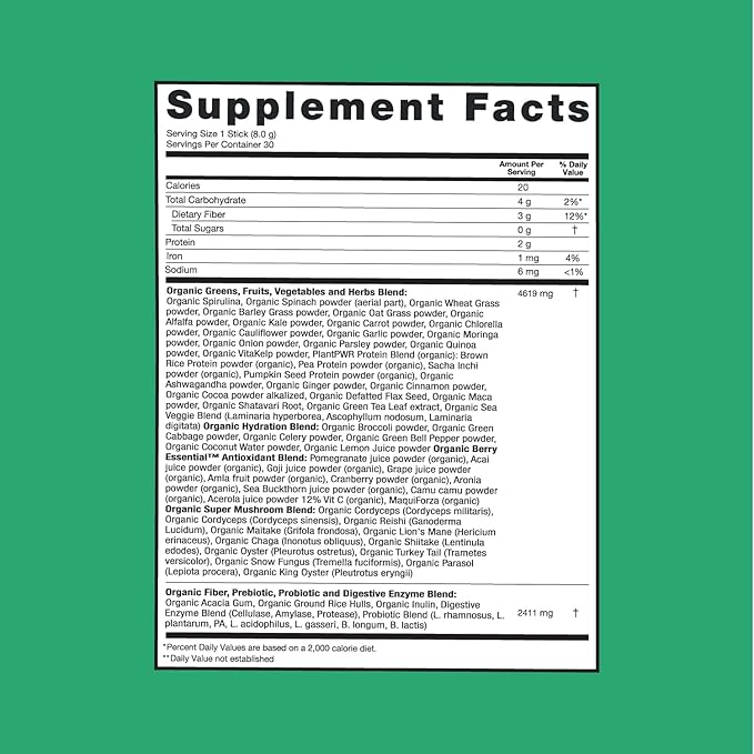 Organic Super Greens Powder, 70+ Superfoods, 0 Sugar, 3G Fiber, Spirulina, Chlorella, Antioxidants, Prebiotics/Probiotics, Digestive Enzymes, Mixed Berry, 30 Drink Mix Packets