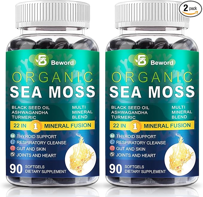 Organic Sea Moss Softgels, 180 Capsules - with Irish Sea Moss, Vitamin C,D3, Black Seed Oil, Ashwagandha, Turmeric, Bladderwrack, Burdock, Rhodiola Rosea - Immune, Skin & Energy Support, 2 Pack
