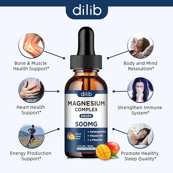 Magnesium Glycinate Liquid Drops 500mg - Triple Magnesium Complex Supplement with Citrate, Malate, Ashwagandha, L-Theanine, Vitamin B6 for Sleep, Mood, Stress Relief, Muscle, Mango Flavor 2 Fl Oz