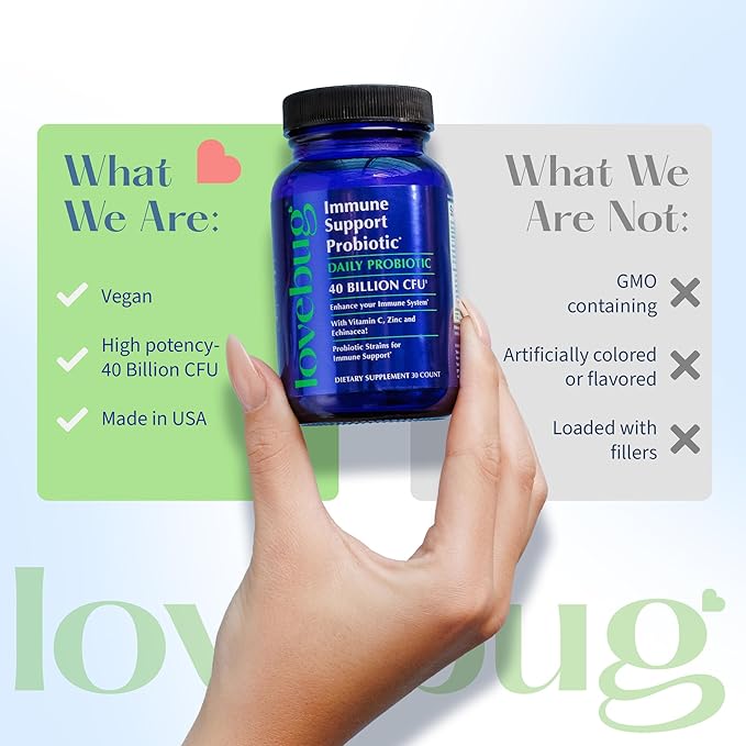 lovebug PROBIOTICS Immune Support Daily Probiotic for Men & Women, 40 Billion CFU & 6 Strains, Includes Vitamin C, Zinc & Echinacea, 30 Capsules, Vegan & Non-GMO