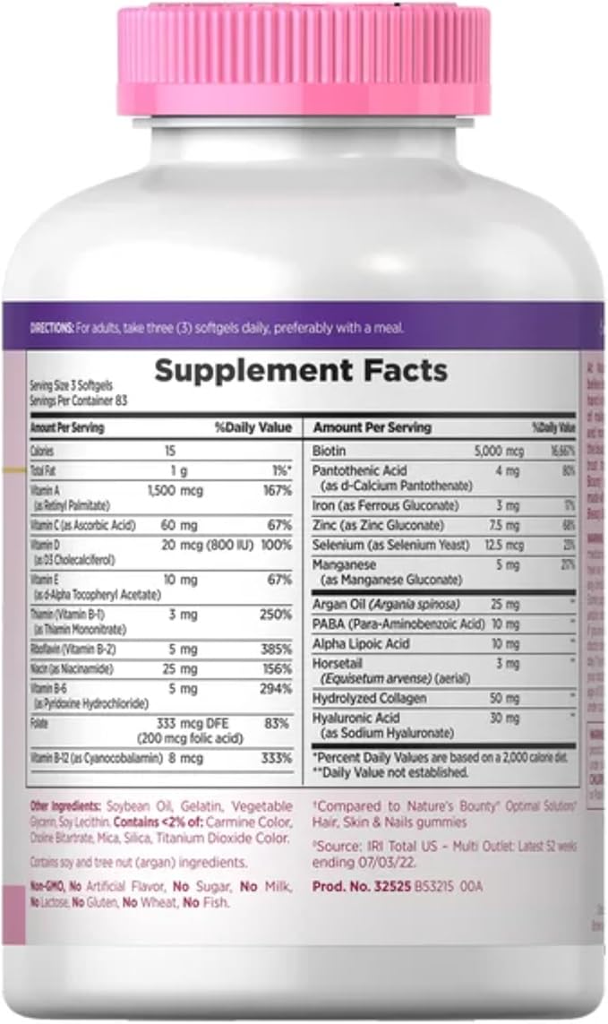 Nature's Bounty Hair Skin and Nails 5000 mcg of Biotin - 250 Coated Tablets Extra Strength