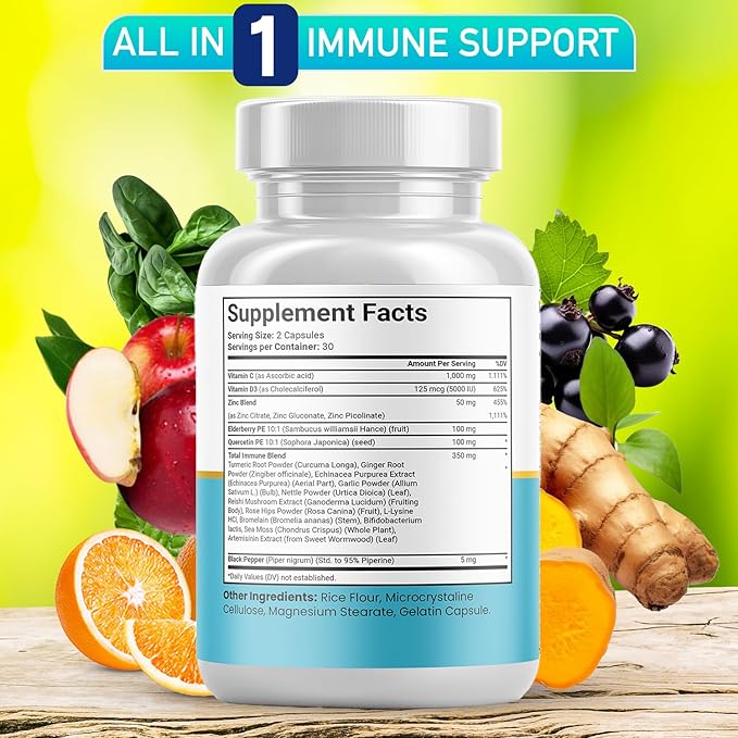 Quercetin Zinc Vitamin C Vitamin D Bromelain Elderberry - Nettle Supplement with Artemisinin, Sea Moss, Echinacea - 60 Count