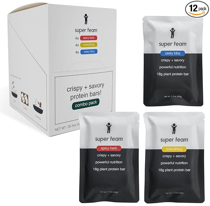 Super Team Savory + Crispy Protein Bars - Combo Pack - 12-Count Snack Bars - High Protein (18g), High Fiber (7g), Low Sugar (1g) - Gluten Free, Nut Free, Soy Free, Vegan Plant Based Meal Replacement