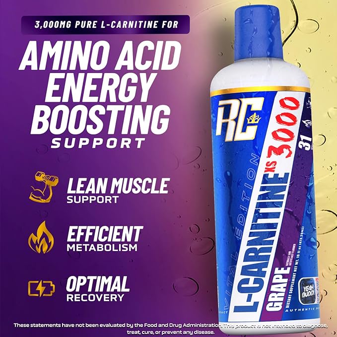 Ronnie Coleman Signature Series L-Carnitine XS 3000 Liquid, Amino Acids Metabolism and Lean Muscle Strength Support, Stimulant Free, Sugar Free, Zero Carbs, Grape, 16 Oz