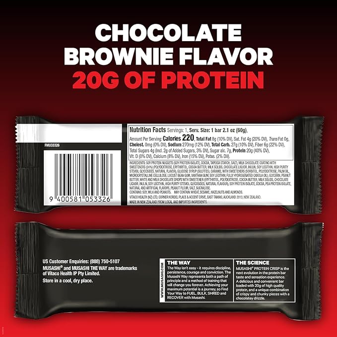 MUSASHI Protein Crisp Bar, 20g Protein, 4g Total Sugars, Chocolate Brownie, Post Workout and Snack On The Go, 12 Pack of 2.1oz (60g) Bars
