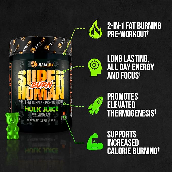 ALPHA LION Superhuman Burn – 2 in 1 Metabolism Booster Pre Workout and Thermogenic Fat Burner for Men – Appetite Suppressant and Weight Loss Supplement (21 Servings, Hulk Juice)