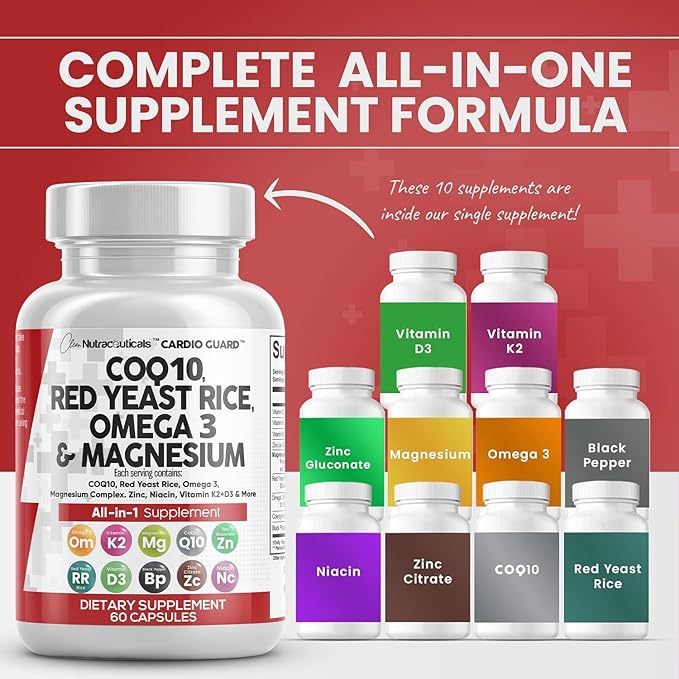 Clean Nutraceuticals COQ10 200mg Red Yeast Rice Omega 3 Magnesium Complex 500mg Niacin Zinc Vitamin K2 D3 - Heart Support Vitamins for Women & Men w/Vitamin B3, Coenzyme Q10-60 Ct