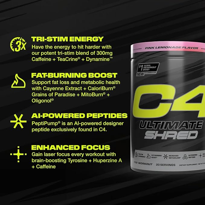Cellucor C4 Ultimate Shred Pre Workout Powder, Metabolism Supplement with Cayenne Extract+300mg Caffeine+TeaCrine+Dynamine - Cherry Limeade, 20 Servings