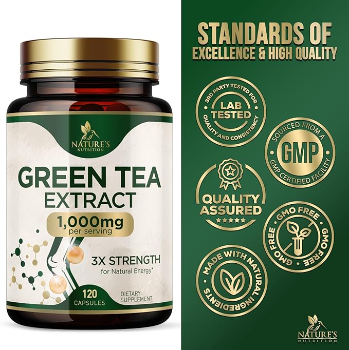 Green Tea Extract Supplement Pills 1000mg - 98% Standardized EGCG with Polyphenols - 3X Strength for Natural Energy - Supports Heart and Antioxidant Health - Nature's Gentle Caffeine - 120 Capsules
