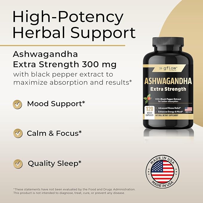 Ashwagandha Supplements - ashwagandha Powder Capsules Extra Strength with Black Pepper | Mood Support, Focus, Energy Support | Vegan Friendly, Non-GMO, Made in USA