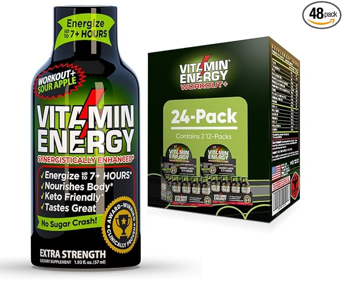 Vitamin Energy Workout+ Extra Strength Daily Energy Shot – Sour Apple – 260mg Natural Caffeine, B-Vitamins – Pre-Workout & Endurance Support – Zero Sugar, Vegan, Kosher – 1.93 fl oz, 24-Pack