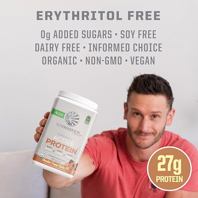 Vegan Protein Powder Plant-Based USDA Organic BCAAs | 27g Protein per Serving | Sugar Free, Gluten Free Non-GMO Dairy Free | Peanut Butter Chocolate Flavored, 20 Servings | Active Sport Protein Powder
