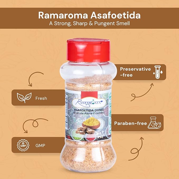 Ramaroma Asafetida (Hing) Ground 3.5oz (100g) ~ All Natural | Salt Free | Vegan | Non-GMO | Asafoetida Indian Spice | Best for Onion Garlic Substitute