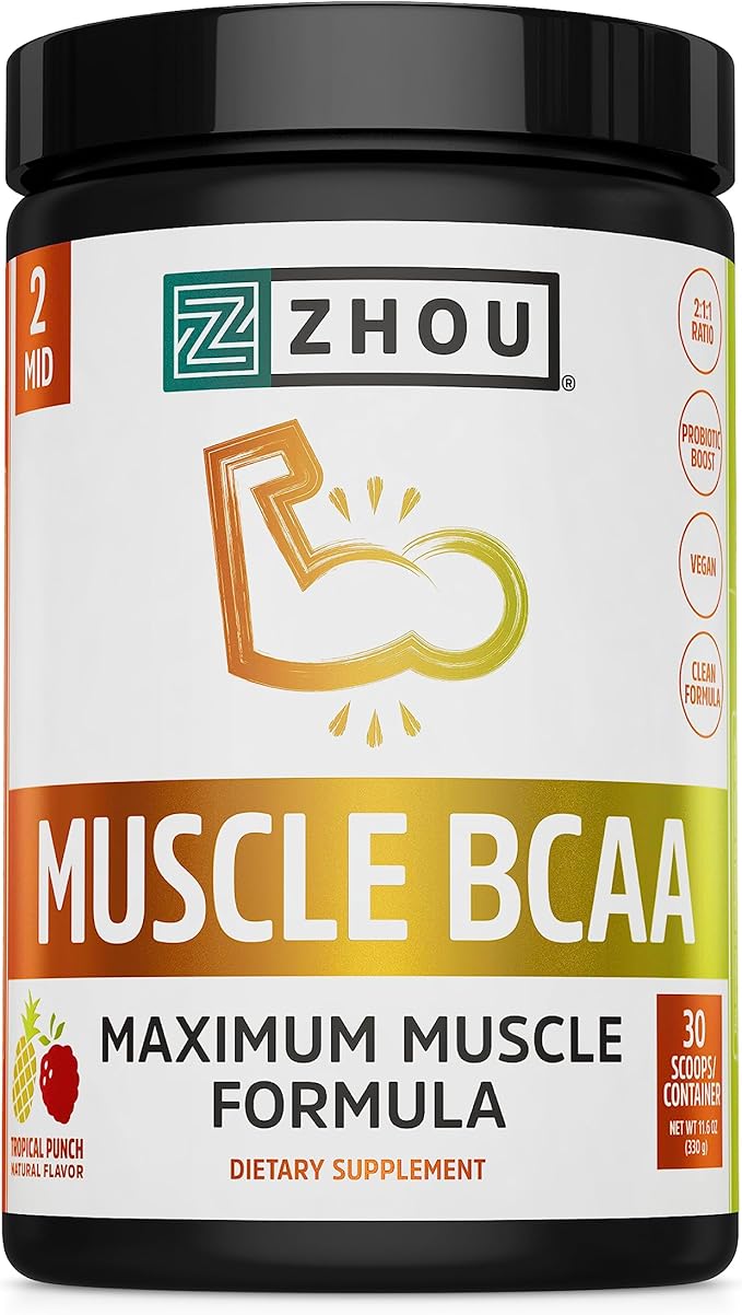 Zhou Nutrition Muscle BCAA Powder, Vegan Muscle Recovery, Natural, Clean Formula for Optimal Absorption, Probiotic Boost, Vitamin C, Gluten and Sugar Free, Tropical Punch, 30 Servings