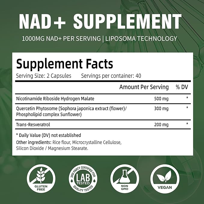 NAD Supplement 1000mg - Liposomal Nicotinamide Riboside Resveratrol with Quercetin | NMN Supplement Alternative for Anti-Aging, Energy, Focus, Boost for Women Men | 80 Capsules, 40 Servings